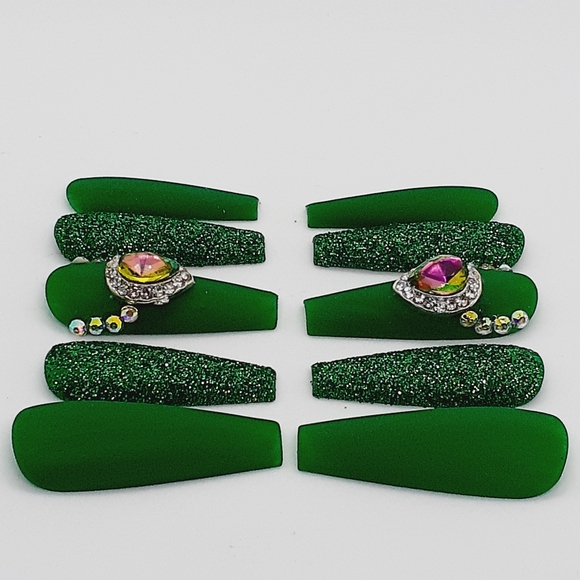 Matte Green Rhinestone Press on Nails - Picture 5 of 7